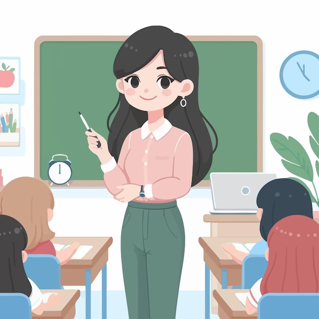 a cartoon of a teacher with a pencil in her hand and a clock on the wall behind her