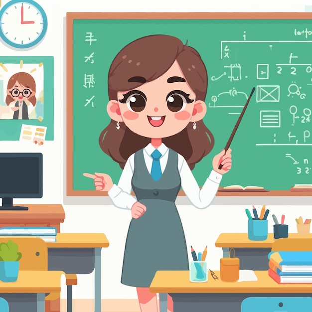 Vector a cartoon of a teacher with a white board with numbers and the teacher is standing in front of him