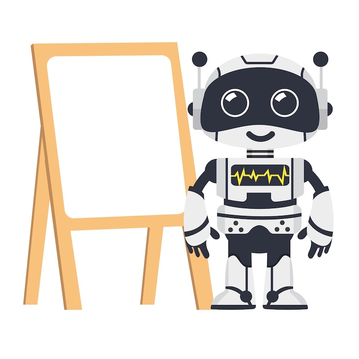 Vector cartoon techology ai robot an empty white board