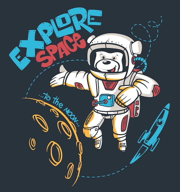 Vector cartoon teddy bear astronaut, space graphic,  t-shirt print.