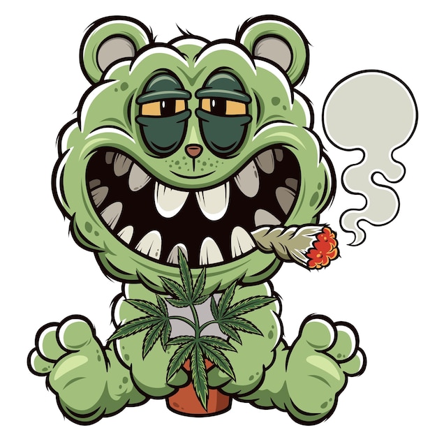 Cartoon teddy bear smokes a cigarette with marijuana cannabis leaves print for tshirts