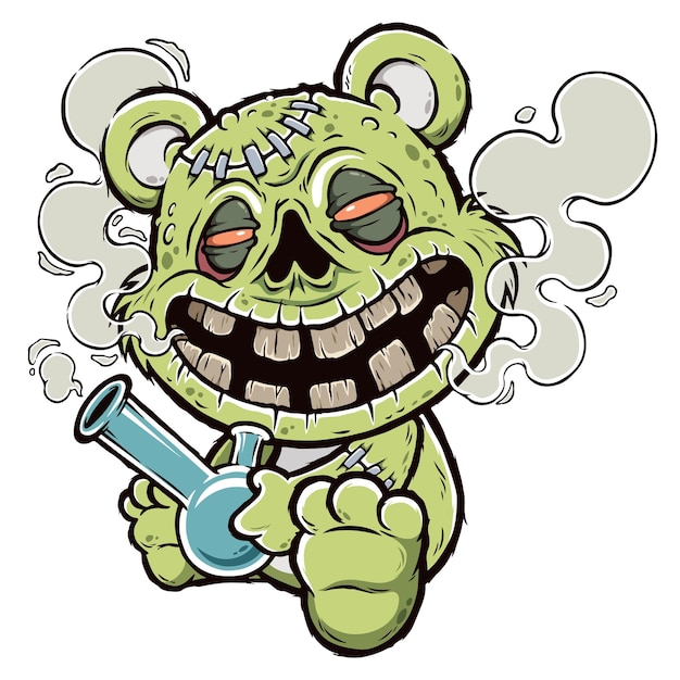 Vector cartoon teddy zombie smokes a cigarette with marijuana zombie bear evil bear