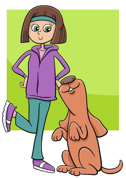 Vector cartoon teen girl with funny dog character