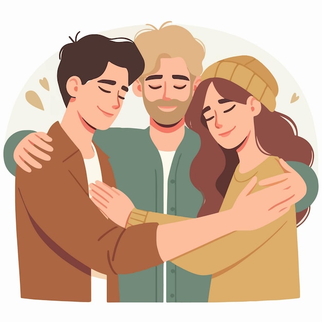 cartoon of teenage group hugging in flat design style