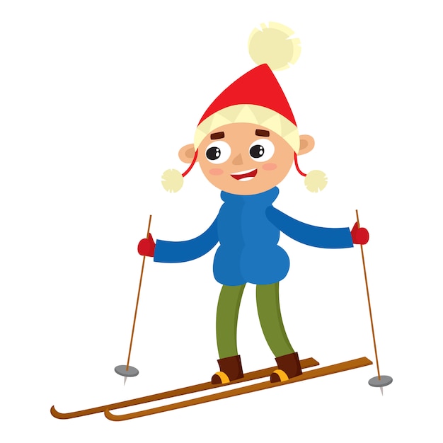 Cartoon teenaged boy with ski, cartoon  illustration isolated on white background. Full height portrait of teenage on skis, fun winter activity, outdoor leisure time