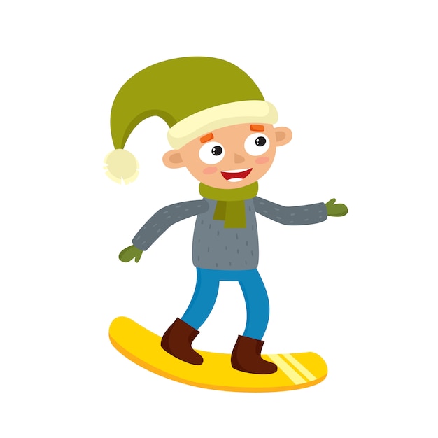 Cartoon teenaged boy with snowboard, cartoon vector illustration on white 