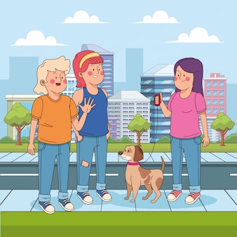 Ragazza dell'adolescente del fumetto con un cane e gli amici in strada