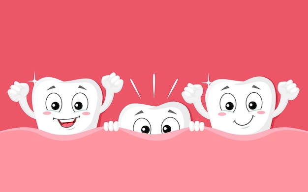 Vettore i denti dei cartoni animati crescono personaggi divertenti salute dentale