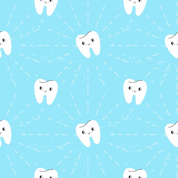 Cartoon teeth seamless pattern cute teeth white enamel smiley face dental clinic background happy clean character vector medical backdrop decor textile wrapping paper print or fabric