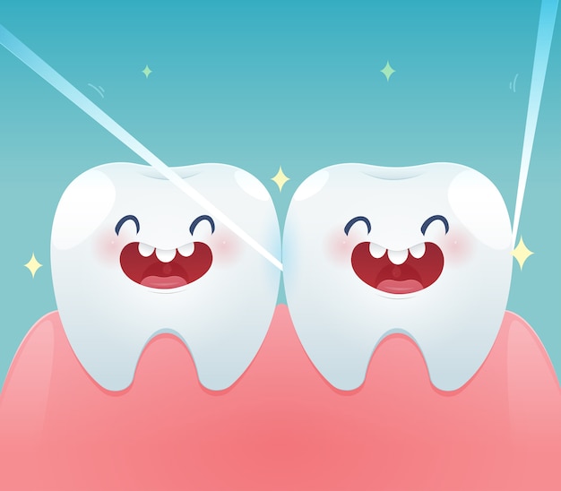 Cartoon teeth with dental floss for healthcare