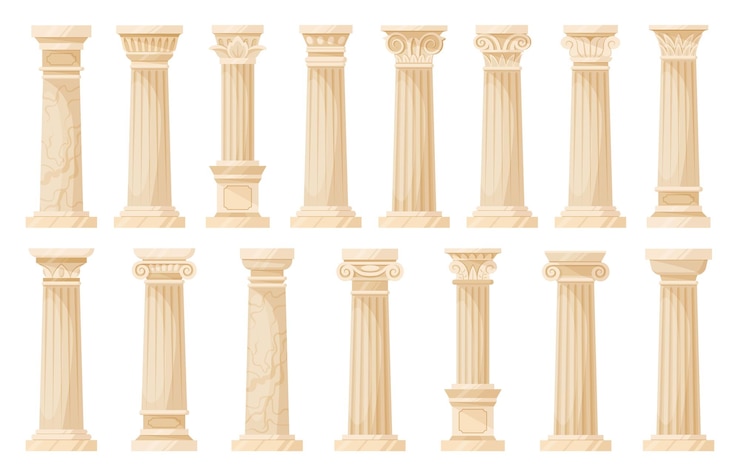 Vector cartoon temple ancient columns greek cartoon pillars flat vector illustration collection