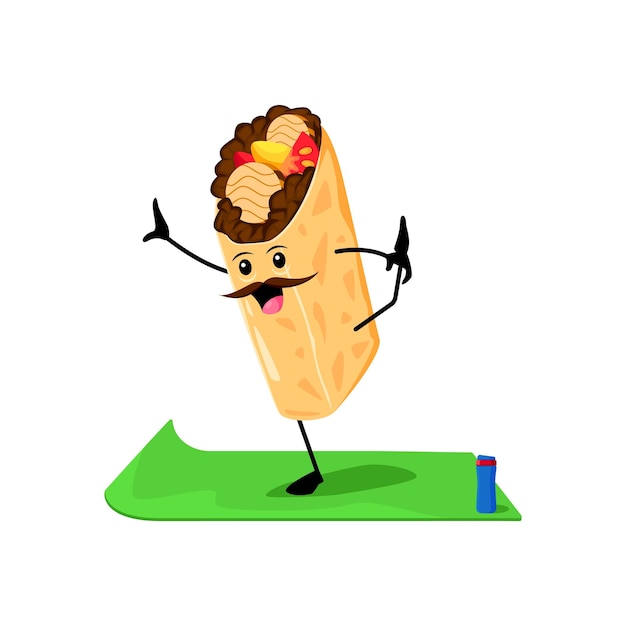 Vector cartoon tex mex burrito voedsel personage op yoga