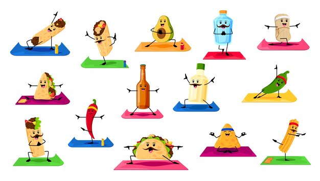 Vector cartoon tex mex mexican food and drinks on yoga