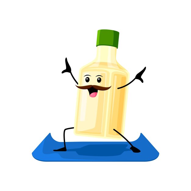 Cartoon Tex Mex Mexican food and pulque drink character on yoga or fitness. Mexican restaurant alcohol drink cute mascot, mexico cuisine beverage or pulque bottle vector comical personage on yoga mat