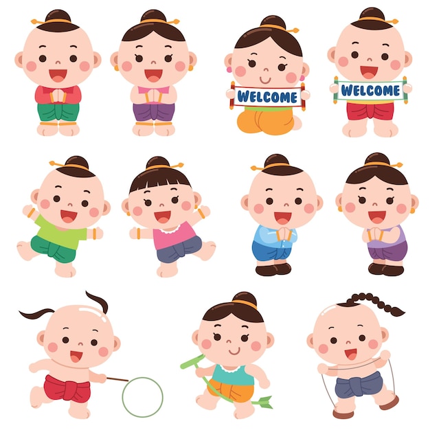 Vector cartoon thai kids character sawasdee