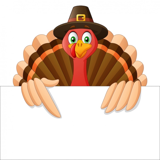 Cartoon Thanksgiving Turkey Bird Mascot Character Holding A Blank Sign