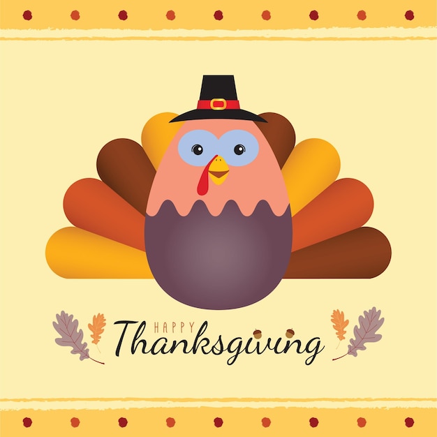 Vector cartoon thanksgiving turkey bird with oak leaf and acorn.