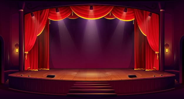 Vector cartoon theater stage with red curtain spotlights