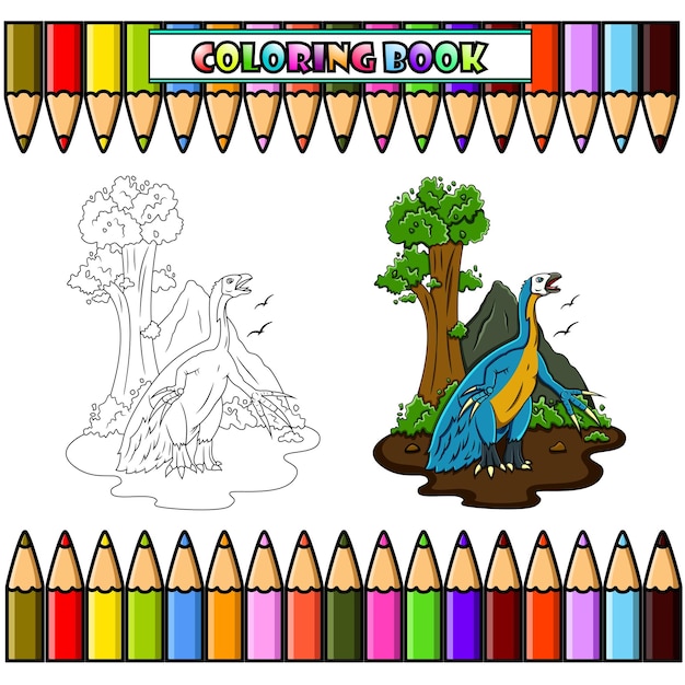 Cartoon Therizinosaurus in the jungle for coloring book