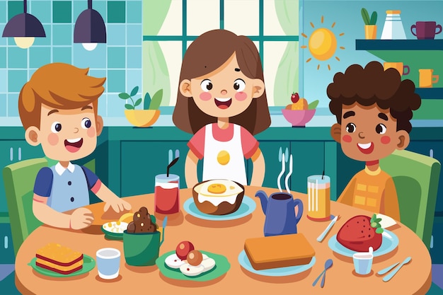 Vector a cartoon of three children sitting at a table with food in front of them