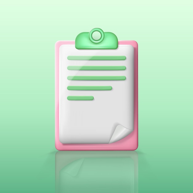 Cartoon three dimensional clipboard with white paper sheet in pink and green colors