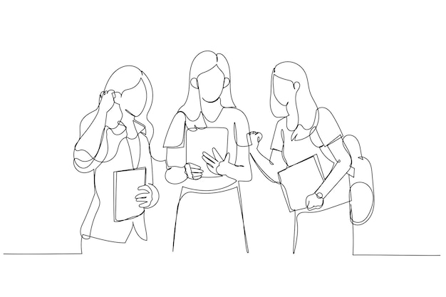 Cartoon of three excited students looking for the news together One continuous line art style