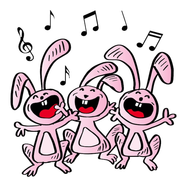 Vector cartoon three funny rabbit singing