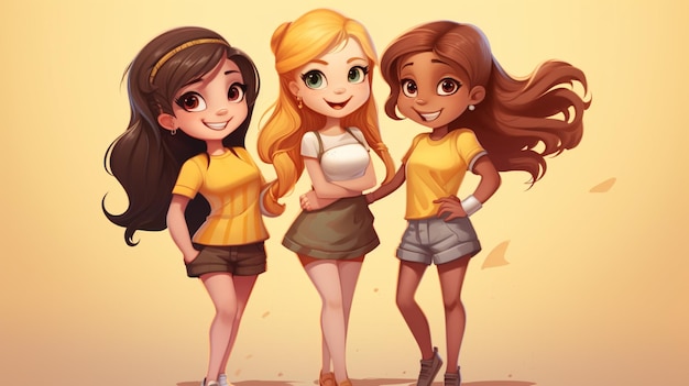 Vettore un cartone animato di tre ragazze con camicie gialle e pantaloncini