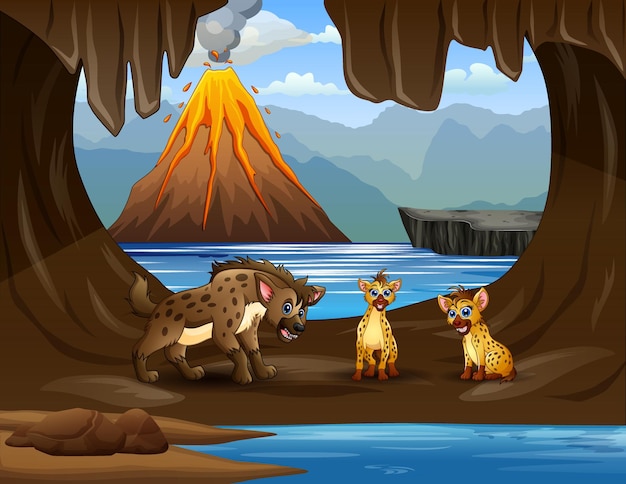 Vector cartoon three of hyenas in the cave illustration