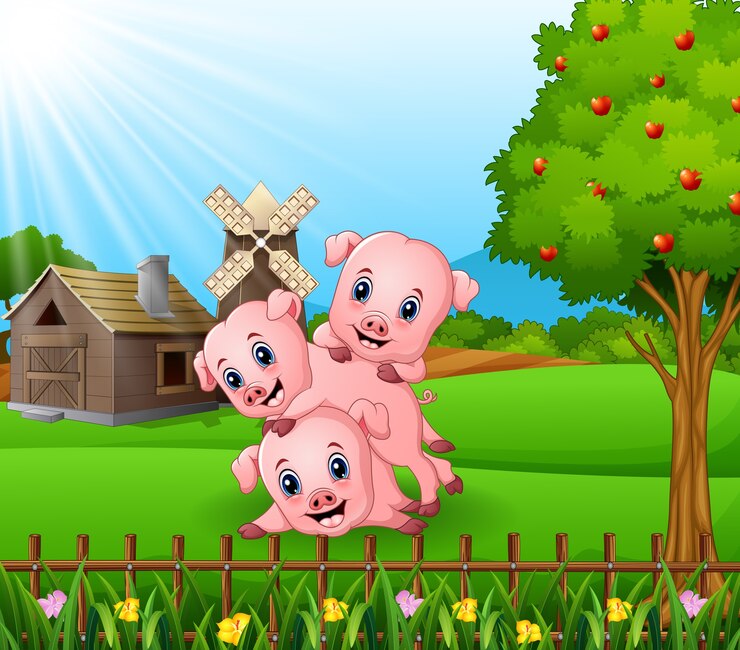 Vector cartoon three little pigs playing in the farm background