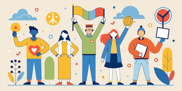 Vector a cartoon of three people holding flags and one of them has the word peace on it