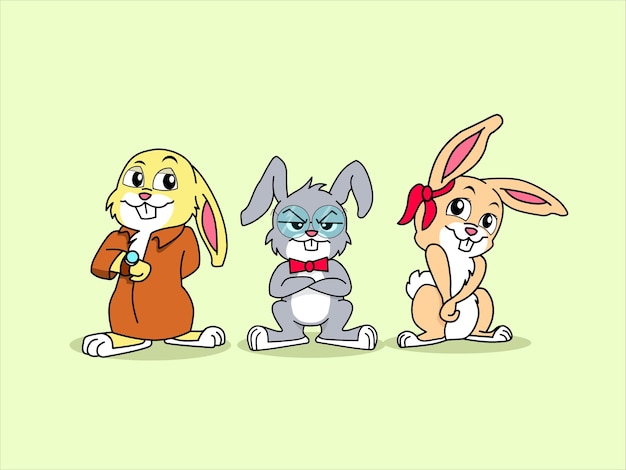 Vector a cartoon of three rabbits with one wearing a red bow tie jacket and ribbon