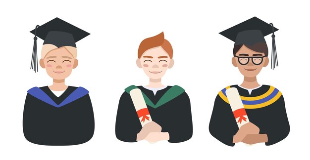 Карикатура на трех студентов в выпускных шапочках и мантиях.