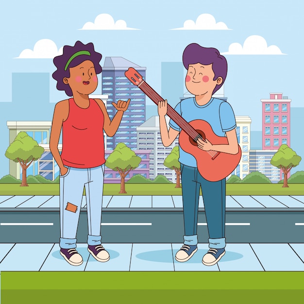 Cartoon tienerjongen met een gitaar en een meisje in de straat