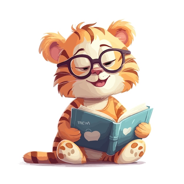 Vector cartoon tiger character reading book illustration animal on white background
