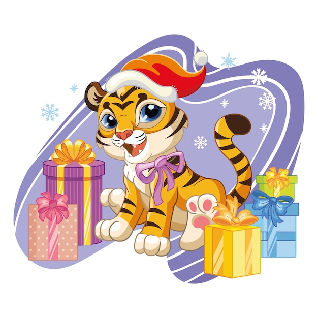 Cartoon tiger in a Christmas hat with gifts. Vector isolated illustration.