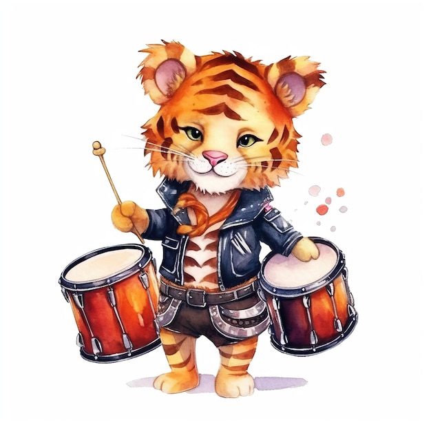 Vector cartoon tiger dress black color clothes playing drums w