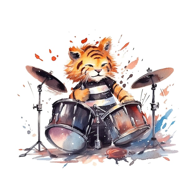 Cartoon tiger dress black color clothes playing drums w