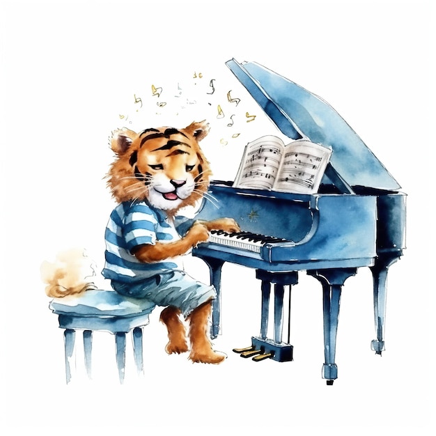 Vector cartoon tiger dress blue color clothes playing piano wa