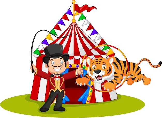 Vector cartoon tiger jumping through ring