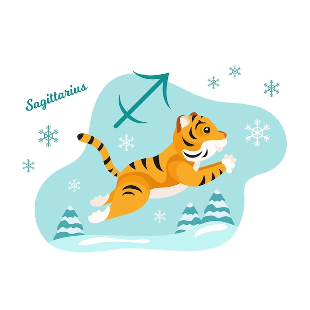 Мультфильм тигр стрелец знак зодиака плоская векторная иллюстрация на белом фоне