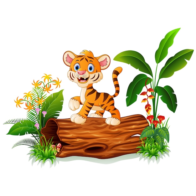 Cartoon tiger sitting on tree trunk