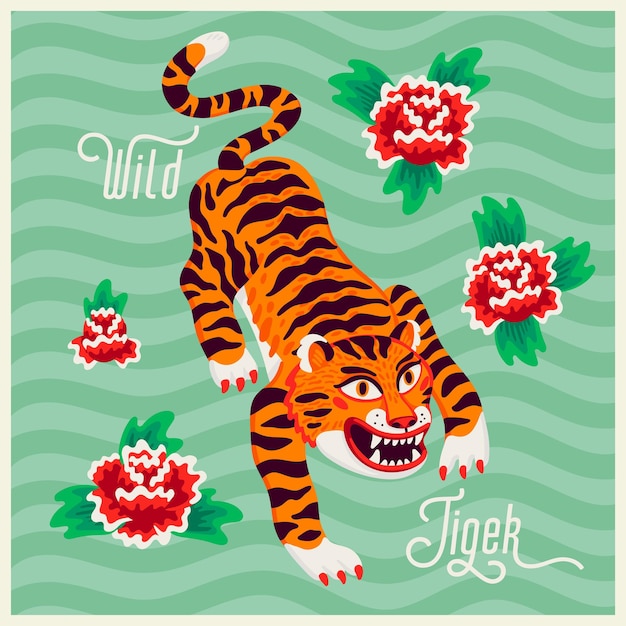 cartoon tiger sneaking on green wavy background with flowers