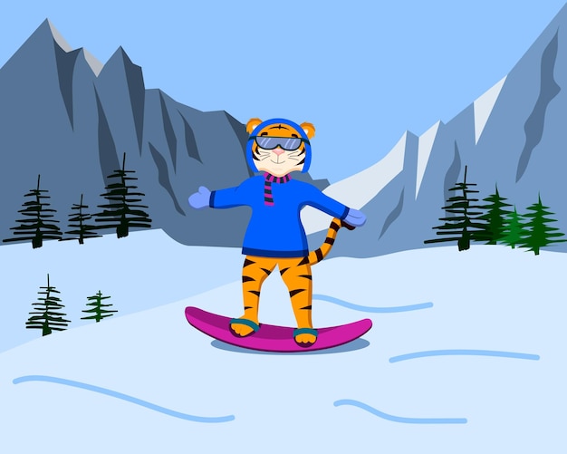 Cartoon tiger on a snowboard in the mountains