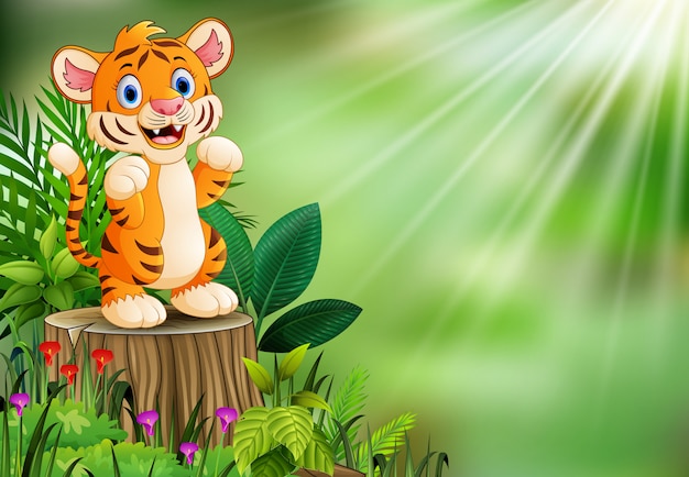 Cartoon of tiger standing on tree stump with green leaves and flowering plant