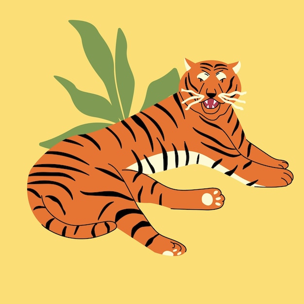 Tigre cartone animato un animale selvatico della famiglia felina disegnato a mano un colorato ringhio simbolo dell'anno illustrazione vettoriale su sfondo giallo isolato un elemento per il tuo design