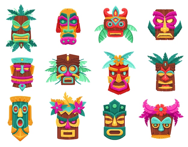 Vector cartoon tiki masks hawaiian bamboo totems ancient tropical wooden tribal statues and island gods sculptures vector set ritual traditional face african ethic flat idols with grimace