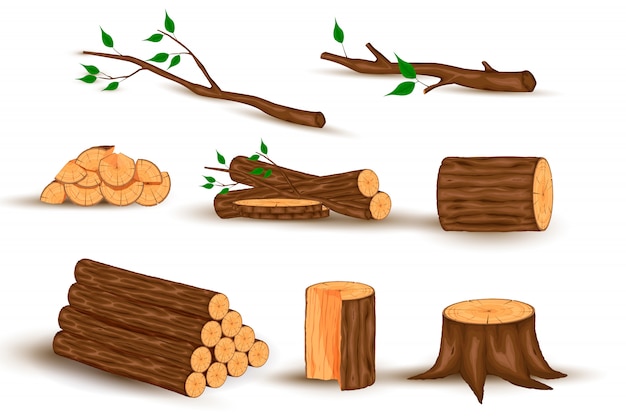 Vector cartoon timber. wood log and trunk, stump and plank. wooden firewood logs. hardwoods construction materials