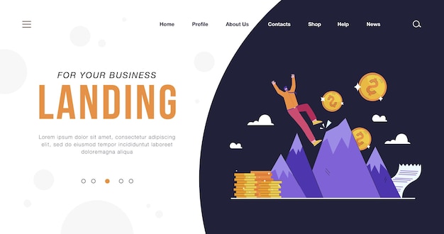 Vector cartoon tiny businessman falling down from top of success landing page