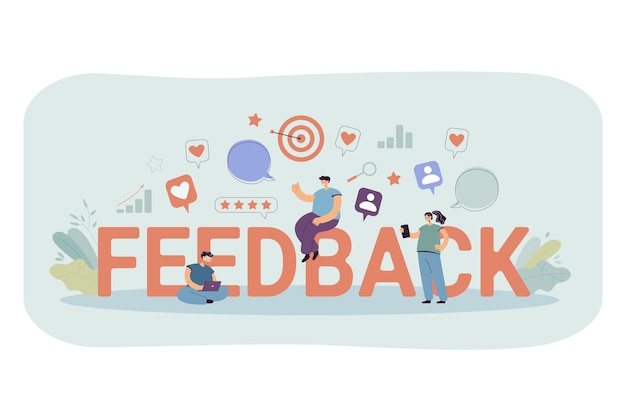 cartoon tiny people getting or giving feedback online. flat illustration.